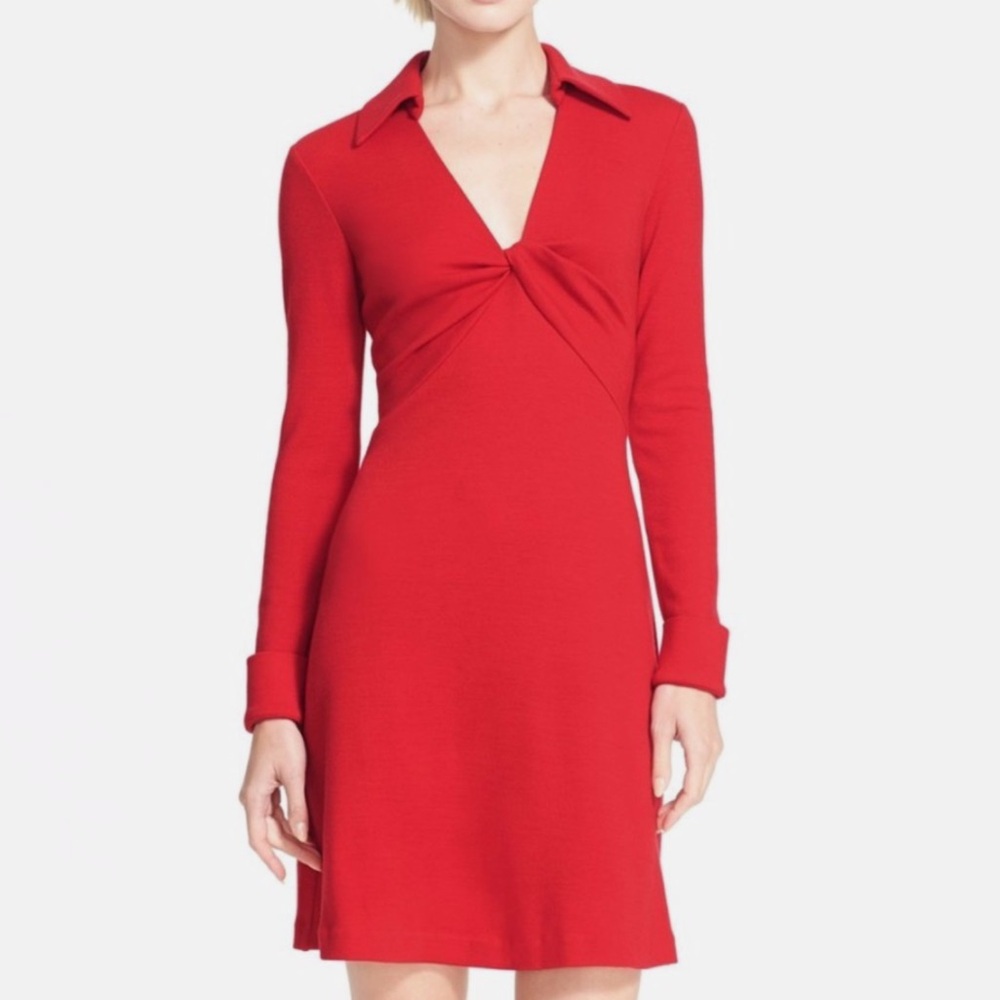 Diane Von Furstenberg Red Twist Front Long Sleeve wool mini Dress Sz 4